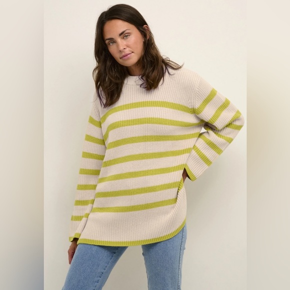 Kaffe KACILLA - Jumper - Cable Knot Oversized sand dollar green stripe/sand xl - Picture 1 of 14